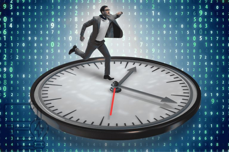 Man in suit running on a clock face depicting the need for energy audit for sales leaders